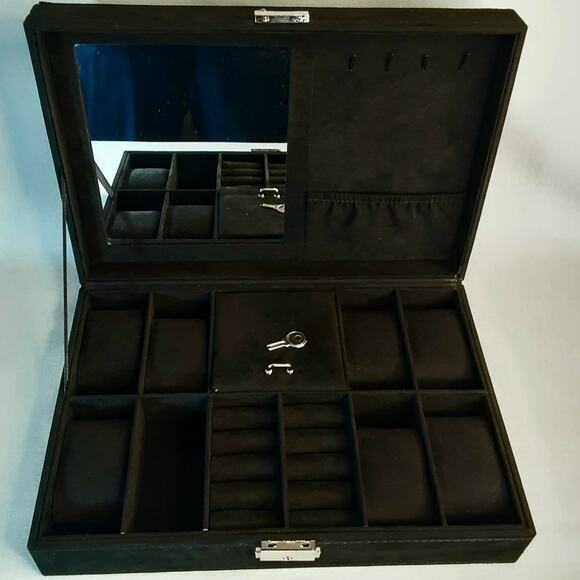 Black Velvety Fabric Lined Jewelry Box Multi Compartments Mirror Locking  Key - Picture 1 of 13